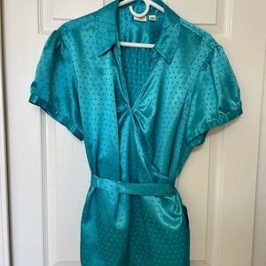 Cato Blu/Green Puff Sleeve Blouse with Tie Front